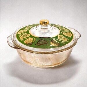 VTG Fire-King 2qt Casserole Culver Ltd 22K Gold Green Hearts Signed READ CHIP